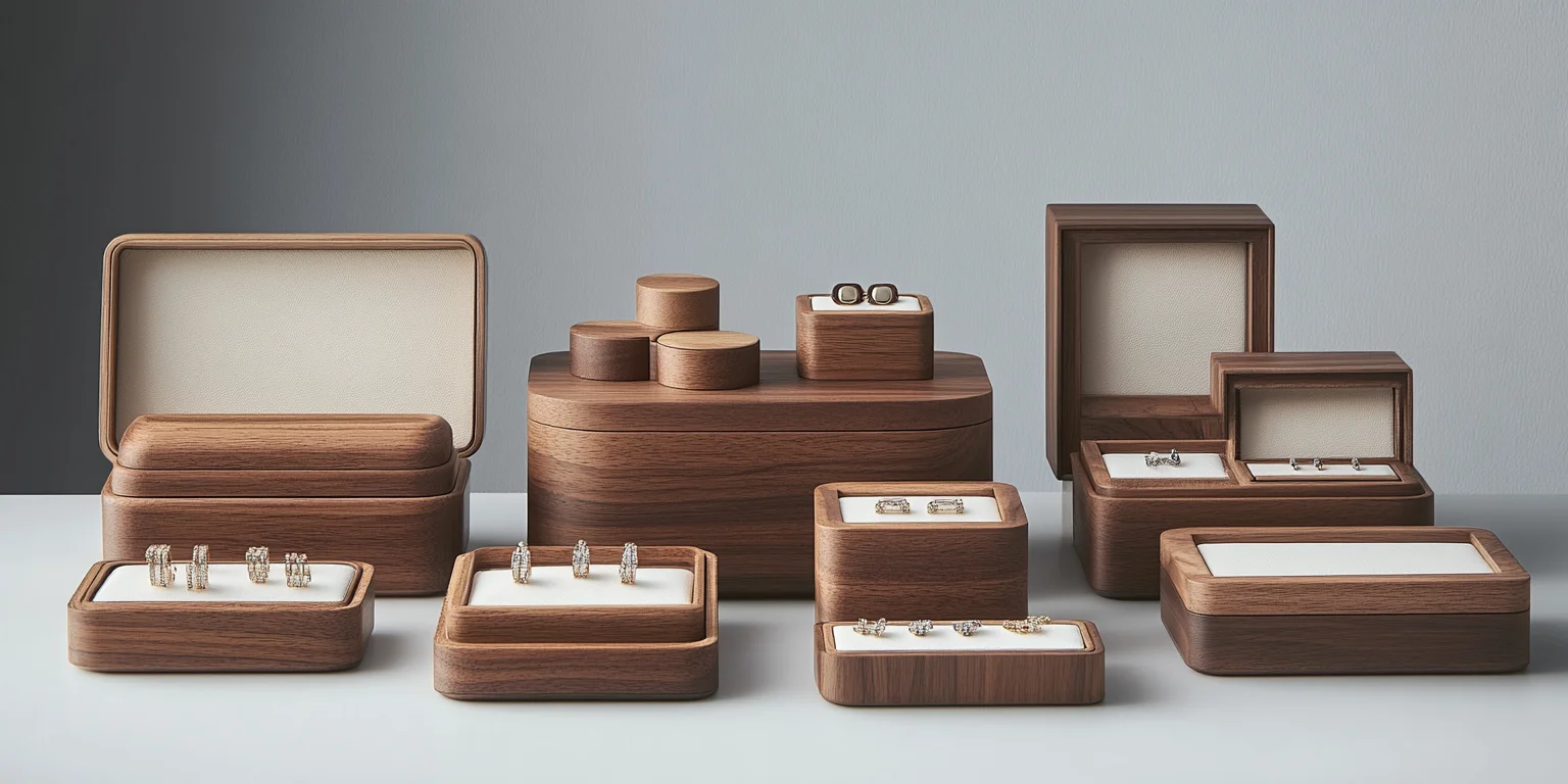 A collection of custom wood jewelry boxes in various sizes.